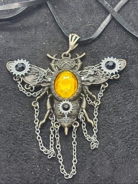 Hand Crafted Steampunk Bee Necklace with Amber and Black Accents